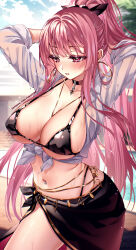 1girl alternate_costume bikini black_bikini black_choker black_sarong breasts choker cleavage collared_shirt commentary day earrings english_commentary high_ponytail highres hololive hololive_english hoop_earrings jewelry kira_yukishiro large_breasts long_hair mori_calliope navel navel_piercing necklace outdoors parted_lips pendant_choker piercing pink_eyes pink_hair ponytail pool sarong shirt sidelocks solo stomach swimsuit three-quarter_sleeves tied_shirt virtual_youtuber wet wet_clothes wet_shirt white_shirt