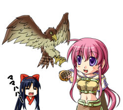 2000s_(style) 2girls =_= bad_id bird black_hair blush bow breasts brown_gloves brown_shirt brown_skirt chibi cropped_jacket crossover crying elbow_gloves falcon gloves hair_bow hairband hunter_(ragnarok_online) jacket japanese_clothes kimono kumatyu long_hair medium_breasts midriff multiple_girls nakoruru navel open_mouth pink_hair purple_eyes ragnarok_online red_bow red_hairband samurai_spirits shirt short_sleeves simple_background skirt streaming_tears tears white_background white_jacket white_kimono