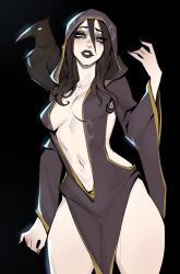 1girl animal animal_on_shoulder bird bird_on_shoulder black_background black_hair black_lips black_robe blue_eyes breasts clothing_cutout commentary crow english_commentary highres hood hood_up hooded_robe large_breasts lips lipstick long_hair looking_at_viewer makeup navel nocturnal parted_lips pelvic_curtain revealing_clothes robe simple_background stomach the_elder_scrolls the_elder_scrolls_v:_skyrim thighs ykshelter