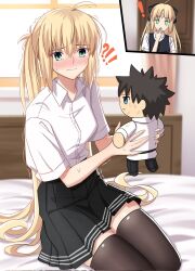 ! !? 2girls ahoge artoria_caster_(fate) artoria_caster_(third_ascension)_(fate) artoria_pendragon_(fate) blonde_hair blush character_doll doll embarrassed facial_mark fate/grand_order fate_(series) fujimaru_ritsuka_(male) green_eyes highres kiss long_hair longdq3008 multiple_girls tagme trembling
