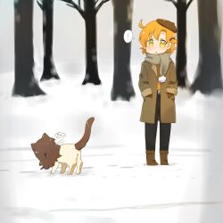! ... 1girl ahoge animal animalization bare_tree black_pants blush boots brown_boots brown_coat brown_gloves brown_hair brown_hat brown_scarf cat coat commentary_request gloves hands_in_pockets hat highres hutaba idolmaster idolmaster_million_live! kitazawa_shiho long_hair long_sleeves orange_hair outdoors pants parted_lips scarf short_hair snow spoken_ellipsis standing tree winter winter_clothes yabuki_kana yellow_eyes