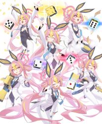 1girl absurdres animal_ears banknote black_leotard blue_archive blue_necktie blush_stickers closed_eyes closed_mouth coat coin commentary_request dice fake_animal_ears fake_tail flat_chest halo hat highres holding holding_unworn_clothes holding_unworn_hat koyuki_(blue_archive) koyuki_(bunny)_(blue_archive) leotard long_hair long_sleeves looking_at_viewer money multiple_views n4gare_b0shi necktie official_alternate_costume open_mouth pants pink_eyes pink_hair pink_halo playboy_bunny rabbit_ears rabbit_tail simple_background smile strapless strapless_leotard tail tongue tongue_out twintails unworn_hat unworn_headwear very_long_hair white_background white_coat white_headwear white_pants