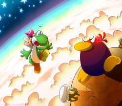 1boy anger_vein angry baby baby_mario blue_eyes dinosaur hat jumping mario moon nintendo planet raphael_the_raven raven running sky space star_(sky) super_mario_world_2:_yoshi&#039;s_island tail white_eyes yoshi