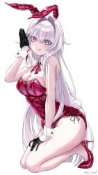 1girl 316_lp absurdres alternate_costume animal_ears black_gloves breasts cleavage commentary fake_animal_ears fake_tail gloves high_heels highres honkai_(series) honkai_impact_3rd kneeling large_breasts leotard licking_lips long_hair playboy_bunny rabbit_ears rabbit_tail red_leotard simple_background solo symbol-only_commentary tail thelema_nutriscu tongue tongue_out very_long_hair white_background white_hair wrist_cuffs