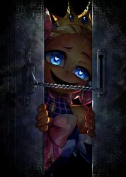 1boy 1girl absurdres angel_wings blonde_hair blue_eyes blue_shirt buttons chain crazy_smile crown detached_sleeves door door_chain doorway eyelashes flat_chest freckles frills glowing glowing_eyes grid_print gyaru hair_ribbon head_tilt headphones heart heart-shaped_pupils highres holding horror_(theme) looking_at_viewer medium_hair neck_ribbon night non-web_source open_mouth pill pink_ribbon pink_shirt pov_doorway purple_shirt ribbon shirt short_twintails smile solo stalking symbol-shaped_pupils tan twintails vaporwave virtual_youtuber wings yandere