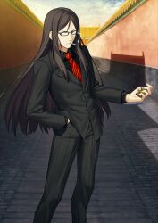 1boy black-framed_eyewear black_jacket black_pants black_shirt black_suit brown_eyes brown_hair buttons cigarette collared_shirt dress_pants fate/grand_order fate_(series) feet_out_of_frame formal_clothes frown glasses hand_in_pocket holding holding_lighter jacket lapels legs_apart lighter long_hair long_sleeves looking_at_viewer looking_to_the_side lord_el-melloi_ii male_focus mouth_hold necktie notched_lapels official_art outdoors pants parted_bangs pinstripe_pants pinstripe_pattern rectangular_eyewear red_necktie scarf shirt sidelocks smoke smoke_trail smoking solo suit suit_jacket takeuchi_takashi teeth third-party_source v-shaped_eyebrows variant_set very_long_hair waver_velvet wing_collar yellow_scarf