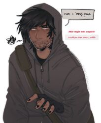 1boy annoyed bag beard_stubble black_hair black_shirt constricted_pupils cry_of_fear dark-skinned_male dark_skin dialogue_box earrings english_text facial_hair grey_hoodie highres hood hood_up hoodie jewelry male_focus open_mouth reaching reaching_towards_viewer request_inset sangthael shirt short_hair shoulder_bag simon_henriksson solo stubble stud_earrings swept_bangs upper_body
