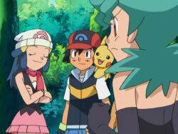 1boy 2girls aged_down angry ash_ketchum bare_shoulders baseball_cap black_gloves blue_hair closed_eyes crossed_arms dawn_(pokemon) dress elbow_gloves gen_1_pokemon gloves green_hair hat jenny_(pokemon) looking_at_another marble_(pokemon) multiple_girls nintendo orange_hair pikachu pokemon pokemon_(anime) pokemon_dp059 pokemon_dppt_(anime) scarf smug