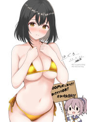 2girls @_@ abataa absurdres aoba_(kancolle) bikini black_hair blush breasts breasts_squeezed_together brown_eyes character_name chibi cleavage commentary_request gold_bikini haguro_(kancolle) hair_ornament highres kantai_collection large_breasts looking_at_viewer multiple_girls nose_blush placard short_hair side-tie_bikini_bottom sign simple_background solo_focus swimsuit translation_request white_background