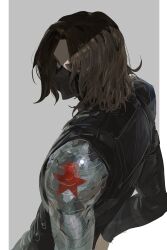 Rule 34 | 1boy, absurdres, black mask, black vest, blue eyes, brown hair, bucky barnes, captain america: the winter soldier, captain america (series), commentary, curtained hair, dutch angle, highres, layeon46412531, looking ahead, male focus, marvel, marvel cinematic universe, mask, mouth mask, pillarboxed, prosthesis, prosthetic arm, sanpaku, solo, symbol-only commentary, upper body, vest, winter soldier