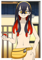 1girl architecture armpits artist_request black_hair breasts carmine_(pokemon) casual_nudity clenched_hand clenched_teeth collarbone colored_inner_hair completely_nude convenient_censoring creatures_(company) crossed_bangs east_asian_architecture eyebrows_hidden_by_hair eyelashes facing_viewer fanny_pack fingernails game_freak groin hair_between_eyes hair_censor hair_ornament hair_over_breasts hairband hand_on_own_hip hand_up highres holding holding_poke_ball legs long_hair looking_at_viewer medium_breasts mole mole_under_eye multicolored_hair navel neck night nintendo nude nudist outdoors parted_lips poke_ball pokemon pokemon_sv public_indecency public_nudity red_hair sidelocks smirk standing teeth thick_eyebrows thighs two-tone_hair unworn_clothes wavy_hair yellow_bag yellow_eyes yellow_hairband