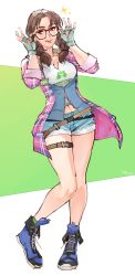 1girl :q absurdres bespectacled blue_shoes braid breasts casual commentary commission cutoffs denim denim_shorts english_commentary fingerless_gloves full_body glasses gloves grey_gloves highres julia_chang kenshin187 knees_together_feet_apart licking_lips lips medium_breasts medium_hair namco name_tag navel open_clothes open_shirt overshirt pink_shirt plaid_clothes plaid_shirt print_shirt red-framed_eyewear shirt shoes shorts sleeves_rolled_up sneakers solo sparkle standing t-shirt tekken tekken_7 thigh_strap tongue tongue_out twin_braids