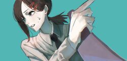 Rule 34 | 1girl, absurdres, black necktie, blue background, brown eyes, brown hair, chainsaw man, cheshire nek, collared shirt, commentary request, hair ornament, hairclip, higashiyama kobeni, highres, holding, holding knife, kitchen knife, knife, mole, mole under eye, necktie, shirt, solo, sweatdrop, white shirt