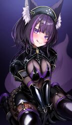 Rule 34 | 1girl, animal ears, bdsm, between legs, bikini, bikini top only, black bikini, black dress, black gloves, black hair, black thighhighs, bodysuit, bondage, bound, breasts, dress, elbow gloves, fox girl, garter straps, gloves, hair ornament, hairclip, hand between legs, hat, highres, kajimakoto, large breasts, leg tattoo, leotard, medium hair, multicolored hair, nurse, nurse cap, original, purple eyes, purple hair, see-through clothes, see-through leotard, sitting, streaked hair, swimsuit, tattoo, thighhighs, wariza