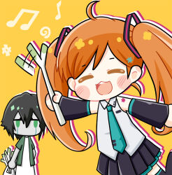 1boy 1girl :3 ahoge aou_(tcwth) ball_hands bleach blue_necktie boots closed_eyes cosplay detached_sleeves food green_eyes hatsune_miku hatsune_miku_(cosplay) holding holding_food holding_vegetable inoue_orihime leekspin_(meme) meme musical_note necktie open_mouth orange_background shirt shoulder_tattoo spring_onion tattoo thigh_boots twintails ulquiorra_cifer vegetable vocaloid white_shirt