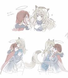 2girls animal_ears black_coat blue_eyes blue_shorts cape closed_eyes coat commentary fur-trimmed_cape fur_trim girls_band_cry grey_hair halo hand_on_another&#039;s_waist highres hug iseri_nina kawaragi_momoka kemonomimi_mode licking licking_another&#039;s_face long_hair multiple_girls open_mouth popipopopo0000 red_cape red_hair shorts simple_background smile sparkle symbol-only_commentary tail tongue tongue_out translation_request white_background wolf_ears wolf_girl wolf_tail yuri