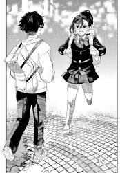 1boy absurdres alternate_universe ayase_momo bag black_hair brick_road dandadan earrings glasses highres jewelry pinoppll role_reversal school_bag school_uniform shoes short_hair sneakers socks sweat takakura_ken_(dandadan) twitter_username
