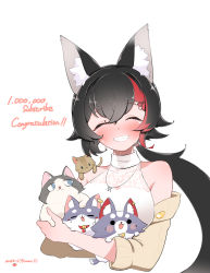 1girl absurdres animal animal_ear_fluff animal_ears black_hair blush breasts cardigan cat closed_mouth congratulations covered_collarbone dress grin hair_between_eyes highres holding holding_animal hololive jewelry kani_bonara large_breasts long_hair multicolored_hair necklace ookami_mio ookami_mio_(street) ponytail simple_background sleeveless sleeveless_dress smile streaked_hair too_many too_many_cats turtleneck turtleneck_dress upper_body very_long_hair virtual_youtuber white_background white_dress wolf_ears