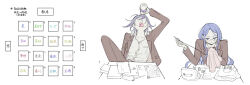 1boy 1girl alternate_costume alternate_universe belt blazer blue_eyes blue_hair bottle brown_jacket brown_pants closed_mouth collared_jacket collared_shirt commentary danganronpa_(series) danganronpa_v3:_killing_harmony desk determined dice dress_pants dress_shirt drinking elbows_on_table eyelashes fabric frown glasses hair_between_eyes highres holding holding_bottle holding_sewing_needle hope&#039;s_peak_academy_school_uniform jacket knee_up lapels layered_sleeves long_hair long_sleeves morning_(d0nteat) neck_ribbon notched_lapels oma_kokichi on_chair open_clothes open_jacket pants paper_stack pen pocket purple_hair red_ribbon ribbon round_eyewear school_desk school_uniform sewing shirogane_tsumugi shirt short_hair sidelocks simple_background sitting translation_request very_long_hair water_bottle wavy_hair white_background white_belt white_shirt