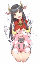 1girl absurdres animal animal_ears animal_on_lap chito_(flying_witch) collared_shirt cow_ears cow_horns flying_witch highres horns ishizuka_chihiro kowata_makoto neck_bell official_art on_lap shirt simple_background smile solo teeth thighs upper_teeth_only white_background