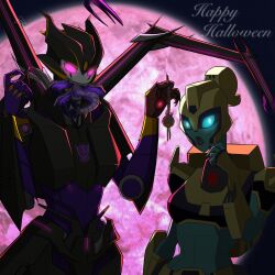 2girls airachnid autobot black_lips black_panties blue_eyes blue_skin breasts colored_skin decepticon elita_one highres humanoid_robot medium_breasts multiple_girls panties ponytail promise_blue2 robot science_fiction size_difference split_mouth transformers transformers_animated transformers_prime underwear worried