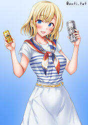 1girl anti_(untea9) blonde_hair blue_background blue_eyes blue_hair blue_streaks can colored_inner_hair drink_can gloire_(kancolle) gloire_(maizuru)_(kancolle) gradient_background highres holding kantai_collection mole mole_on_neck multicolored_hair multicolored_neckerchief neckerchief official_alternate_costume one-hour_drawing_challenge shirt short_hair simple_background skirt solo striped_clothes striped_shirt twitter_username white_background white_shirt white_skirt