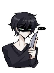 ... 1boy andrew_graves ashleygrav84480 black_hair black_sweater bright_pupils green_eyes highres holding holding_knife knife looking_at_viewer male_focus short_hair simple_background solo speech_bubble sweater the_coffin_of_andy_and_leyley upper_body white_background white_pupils