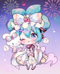 1girl ;3 anniversary aqua_hair black_shoes blue_bow blue_eyes bow cinnamiku cinnamoroll commentary_request deformed fireworks food food_print fruit fruit_print full_body fuwa_fuwa_cinnamoroll gradient_background hair_bow hatsune_miku headset heart heart-shaped_pupils highres himegamik japanese_clothes kimono lolita_fashion one_eye_closed purple_bag purple_kimono sanrio shoes signature socks star_(symbol) strawberry strawberry_print symbol-shaped_pupils updo vocaloid wa_lolita white_socks yukata yume_kawaii