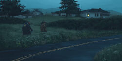 2others bush evening flower highres house mountainous_horizon multiple_others original radio_antenna road science_fiction simon_stalenhag smiley_face tree