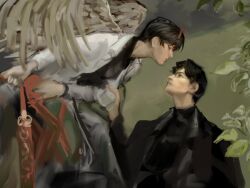 2boys black_coat black_hair black_shirt closed_eyes coat collared_shirt demon_horns feathered_wings from_side hand_on_another&#039;s_arm holding horns imminent_kiss kim_dokja leaf leaning_forward macaronijail multiple_boys omniscient_reader&#039;s_viewpoint plant popped_collar shirt short_hair white_coat white_wings wings yoo_joonghyuk