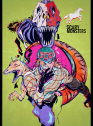 1boy animal_skeleton argyle black_gloves blonde_hair blue_pants blurry bow cracked_skin diego_brando dinosaur dinosaur_boy dinosaur_skeleton dinosaur_tail fingernails giant_skeleton gloves green_background green_hat grin hair_over_one_eye hand_on_own_face hat hat_bow highres horse jojo_no_kimyou_na_bouken long_fingernails looking_at_viewer male_focus medium_hair mizudama pants purple_bow scary_monsters_(stand) sharp_fingernails sharp_teeth simple_background skeleton smile solo stand_(jojo) steel_ball_run sweater tail teeth turtleneck turtleneck_sweater