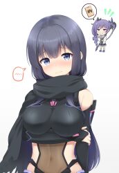 1girl absurdres argentum_2o arm_under_breasts bare_shoulders blue_eyes blush breasts chibi closed_mouth commentary_request commission cosplay covered_navel crossed_arms gloves highres jacket large_breasts long_hair long_sleeves looking_at_viewer misumi_aoi navel nose_blush off_shoulder ongeki pleated_skirt purple_hair scarf skeb_commission skirt speech_bubble spoken_blush striped_background takase_rio takase_rio_(cosplay)