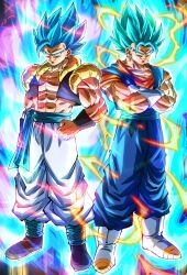 2boys abs aura black_vest black_wrist_cuffs blue_eyes blue_hair blue_pants blue_sash blue_shirt blue_shoes boots clenched_hand cropped_vest crossed_arms dougi dragon_ball dragon_ball_super dragon_ball_super_broly earrings full_body gloves gogeta highres jewelry male_focus medium_hair metamoran_vest multiple_boys muscular muscular_male no_shirt open_clothes open_vest orange_pants pants potara_earrings rz28kp sash shirt shoes smirk spiked_hair standing super_saiyan super_saiyan_blue trait_connection vegetto vest white_boots white_gloves wrist_cuffs