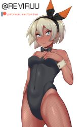 Rule 34 | 1girl, absurdres, alternate costume, bea (pokemon), black bow, black bowtie, black hairband, black leotard, blonde hair, bow, bow hairband, bowtie, breasts, closed mouth, commentary, covered navel, detached collar, english commentary, eyelashes, fishnet pantyhose, fishnets, grey eyes, hairband, hand up, highres, leotard, looking down, nintendo, paid reward available, pantyhose, patreon logo, playboy bunny, pokemon, pokemon swsh, reviruu, short hair, simple background, solo, twitter username, white background, wrist cuffs
