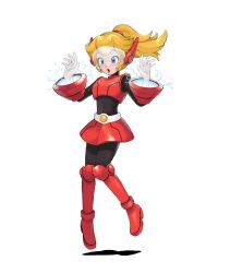 1girl absurdres armored_boots belt black_bodysuit blonde_hair blue_eyes bodysuit bodysuit_under_clothes boots commentary english_commentary eyelashes gloves highres jors knee_boots mario_(series) mighty_peach miniskirt nintendo open_mouth ponytail princess_peach princess_peach:_showtime! red_boots red_skirt shadow skirt skirt_set solo visor_(armor) white_belt white_gloves
