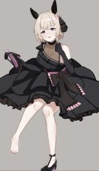 1girl absurdres animal_ears bare_shoulders barefoot black_dress black_gloves black_shoes blush bow breasts chinese_commentary commentary_request curren_chan_(sakutsuki_ma_cherie)_(umamusume) curren_chan_(umamusume) dress ear_covers ear_ornament elbow_gloves full_body gloves grey_background grey_hair high_heels highres holding_shoe horse_ears horse_girl horse_tail looking_at_viewer medium_breasts mixed-language_commentary nail_polish official_alternate_costume open_mouth pink_bow pink_nails purple_eyes shoes short_hair simple_background single_bare_shoulder single_shoe smile solo tail toenail_polish toenails toes umamusume unworn_shoes white_hair xiao_jiucai