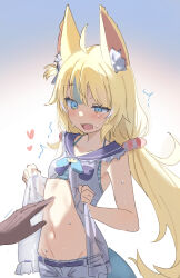 1girl absurdres ahoge animal_ear_fluff animal_ears belt blonde_hair blue_eyes blue_hair cat_ears collarbone commentary dress fins fish_girl fish_tail heart highres indie_virtual_youtuber long_hair low_twintails mahou_io multicolored_hair navel one_side_up open_clothes open_dress sameko_saba shorts simple_background solo_focus stomach streaked_hair sweat swimsuit tail twintails very_long_hair virtual_youtuber white_background