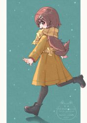 Rule 34 | 1girl, alternate costume, amari (ama shiiiiiiba), animal ears, arms at sides, black boots, black pantyhose, bone hair ornament, boots, brown eyes, brown hair, clothing cutout, coat, commentary request, dog ears, dog girl, dog tail, fang, from side, full body, hair ornament, hairclip, highres, hololive, inugami korone, long hair, long sleeves, nail polish, pantyhose, partial commentary, scarf, snowing, solo, tail, tail through clothes, virtual youtuber, yellow coat, yellow nails, yellow scarf