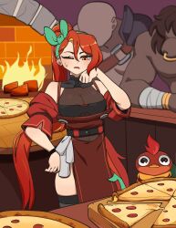 1girl 2boys apron bald black_thighhighs breasts brick_oven brown_apron cleavage commentary covered_navel english_commentary faceless faceless_male food green_hairband hair_between_eyes hairband hand_on_own_hip high_ponytail highres hyyun_ho indie_virtual_youtuber june_(hyyun_ho) large_breasts long_hair looking_at_viewer meme multiple_boys off_shoulder one_eye_closed orange_hair oven parted_lips pizza ponytail purple_background see-through_cleavage see-through_clothes solo_focus sweat terrified_noot_noot_(meme) thighhighs very_long_hair wiping_sweat