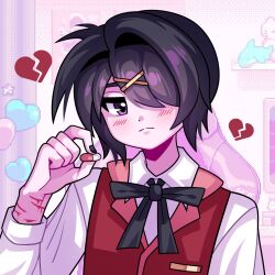 1boy ame-chan_(needy_girl_overdose) black_eyes black_hair black_nails black_ribbon blush broken_heart chair closed_mouth collared_shirt commentary dress_shirt english_commentary gaming_chair genderswap genderswap_(ftm) hair_ornament hair_over_one_eye heart highres holding holding_pill looking_at_viewer male_focus neck_ribbon needy_girl_overdose red_vest ribbon self-harm_scar shirt short_hair single_hair_intake solo swivel_chair sylvenpsd vest white_shirt x_hair_ornament