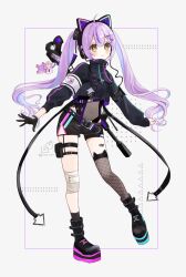 1girl animal_ear_headphones animal_ears asymmetrical_sleeves bandaged_knees barcode barcode_tattoo black_gloves black_jacket black_shoes black_shorts blush brown_eyes brown_leotard brown_thighhighs closed_mouth commentary_request covered_navel cropped_jacket drawstring fake_animal_ears fishnet_thighhighs fishnets full_body gloves grey_background hair_between_eyes headphones highres jacket leotard leotard_under_clothes long_hair long_sleeves looking_at_viewer multicolored_hair pink_hair platform_shoes puffy_long_sleeves puffy_sleeves purple_hair rino_cnc shinomiya_runa shoes short_shorts shorts single_glove single_thighhigh sleeves_past_wrists smile solo standing streaked_hair tattoo thighhighs twintails two-tone_hair very_long_hair virtual_youtuber vspo! weapon weapon_on_back weapon_request