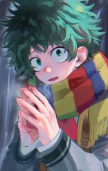 1boy blazer blush boku_no_hero_academia breath chromatic_aberration cold commentary_request curly_hair double_horizontal_stripe eyebrows_hidden_by_hair film_grain freckles fringe_trim green_eyes green_hair grey_jacket head_tilt highres jacket long_sleeves looking_at_viewer looking_to_the_side male_focus midoriya_izuku multicolored_scarf necktie nose_blush open_mouth own_hands_together red_necktie scar scar_on_hand scarf school_uniform shirt short_hair shoulder_strap sidelighting smile solo steepled_fingers striped_clothes striped_scarf tkrt_rkgk u.a._school_uniform upper_body vertical-striped_clothes vertical-striped_scarf white_shirt