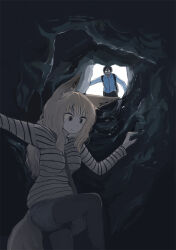 1boy 1girl animal_ear_fluff animal_ears batta_(kanzume_quality) black_hair blonde_hair blue_shirt cave cave_interior climbing commentary_request dark denim denim_shorts facing_viewer fox_ears fox_girl fox_tail fox_wife_(batta_(kanzume_quality)) from_below glasses husband_(batta_(kanzume_quality)) kitsune_no_oyome-chan looking_down paid_reward_available shirt shorts shoulder_strap striped_clothes striped_shirt tail