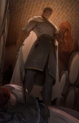 1boy 1girl absurdres armor barrel burn_scar cape chainmail clenched_teeth commission corpse crying crying_with_eyes_open decapitation doll full_armor guro highres holding holding_sword holding_weapon indoors long_hair mature_male original parted_lips plate_armor realistic red_hair scar severed_head short_hair sword tears teeth wass_nonnam weapon white_cape