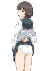 1girl absurdres ass black_hair brown_eyes clothes_lift highres looking_back original panties school_uniform serafuku short_hair skirt skirt_lift solo tuskryo underwear white_background white_panties
