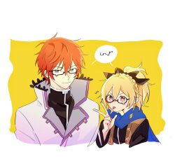 1boy 1girl black_bow black_shirt blonde_hair blue_eyes blue_scarf blush bow braid brown_vest closed_mouth coat felt_(re:zero) glasses hair_bow hair_ornament highres long_sleeves looking_at_viewer ponytail re:zero_kara_hajimeru_isekai_seikatsu red_eyes red_hair reinhard_van_astrea ribbon scarf shirt short_hair shukenow simple_background smile tongue tongue_out two-tone_background upper_body v vest white_background white_coat yellow_background