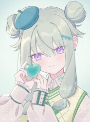 1girl alternate_costume aqua_hat argyle_clothes argyle_sweater_vest beret borrowed_clothes buttons closed_mouth collared_shirt commentary double_bun earrings frilled_sleeves frills green_background green_hair hair_between_eyes hair_bun hair_ornament hands_up hat heart heart_earrings heart_hair_ornament highres holding holding_heart ire_(vampirero) jewelry kusanagi_nene long_sidelocks long_sleeves looking_at_object looking_to_the_side low-tied_sidelocks mini_hat official_alternate_hairstyle portrait project_sekai puffy_long_sleeves puffy_sleeves purple_eyes shirt sidelocks simple_background sleeve_cuffs sleeves_past_wrists smile smile_of_dreamer_(project_sekai) solo split_mouth stud_earrings sweater_vest symbol-only_commentary watermark white_shirt yellow_sweater_vest
