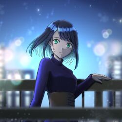 Rule 34 | 1girl, blue dress, blue eyes, blue hair, breasts, corset, dress, gradient hair, grey corset, hand on railing, ju1ywhite, kurokawa akane, looking at viewer, multicolored hair, night, original, oshi no ko, short hair, smile, solo