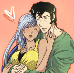 1boy 1girl bare_shoulders black_hair code_geass couple dark_skin closed_eyes hetero hug jewelry long_hair lowres ohgi_kaname ring short_hair silver_hair sweater uzura_(suzukane) villetta_nu