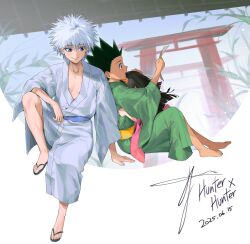 3boys alluka_zoldyck alternate_costume black_hair blue_eyes closed_mouth clothing_request collarbone copyright_name dated ek02k0 feet fingernails from_side full_body gon_freecss green_hair highres holding holding_paper hunter_x_hunter killua_zoldyck light_smile looking_at_viewer male_focus multiple_boys open_mouth paper plant short_hair signature sitting spiked_hair toenails torii white_hair